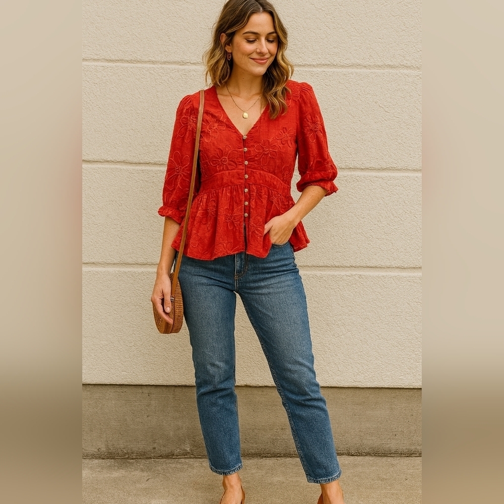 Figueroa & Flower Red Flowy Boho Blouse Size Small